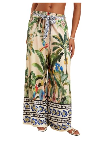 Women's Tropical Printed Wide Leg Pants Boho Elastic Waist Beach Trousers with Belted