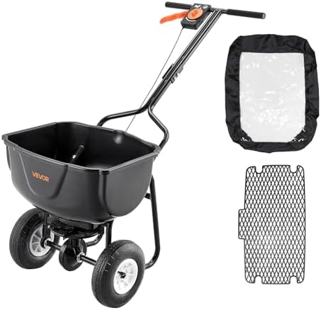 VEVOR Walk Behind Spreader, 60LBS Capacity, Push Spreader with Hopper Grate, 0-9.8 ft Spreading Width, 8 in All Terrain Pneumatic Tires, Garden & Lawn Broadcast Spreaders, for Seed, Fertilizer