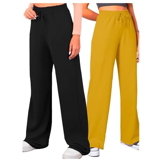 Calça Moletinho Pantalona Feminina Kit 2 Tamanho Único Cós Largo Corte a Fio Tecido Leve Cores Variadas (BR, Alfa, XG, Plus Size, Regular, Preto e Mostarda)