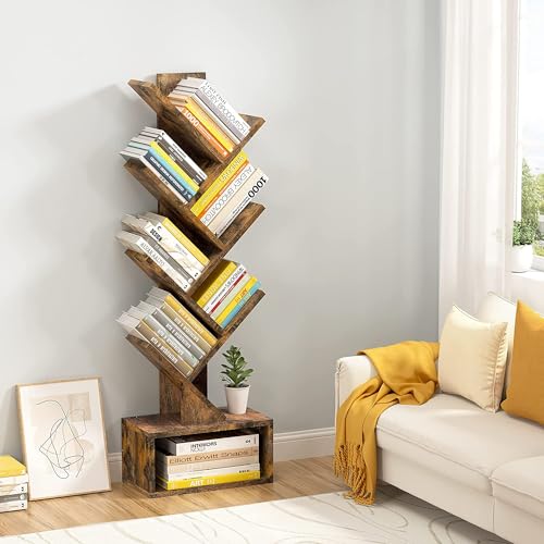 Image of Hoctieon 6 Tier Tree Bookshelf, Tall Bookcase with Drawer, Freestanding Book Shelf, Display Floor Standing Storage Shelf, Book Organizer Shelves for Home Office, Rustic Brown