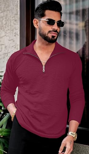 Image of KAJARU Men's Quarter Zip Pullover T-Shirt, Textured Ribbed Long Sleeve, Casual Mock Neck