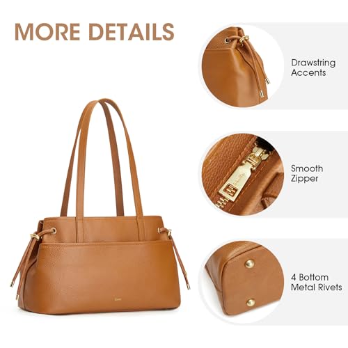 Image of Kattee Premium Leather Shoulder Bag for Women with Drawstring | Top grain pebbled leather with drawstring sides, roomy pockets, and space for a 7.9-inch tablet.