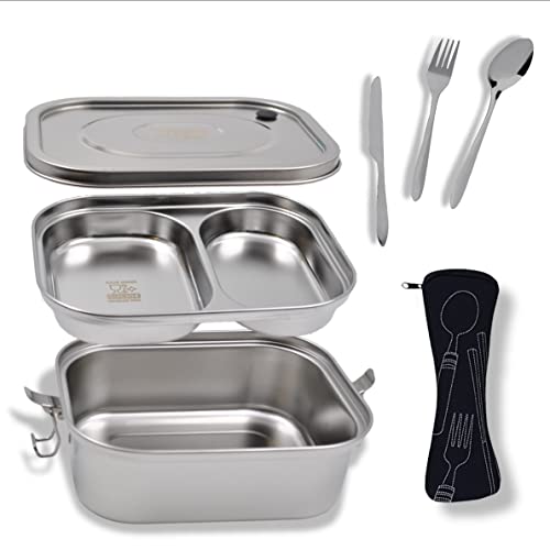 LiTuGoods® auslaufsichere Lunchbox aus Edelstahl, Bento Box XL 1500ml für Erwachsene und Kinder, inkl. Besteckset und extra Satz Gummiteilen, kann mit oder ohne Fach verwendet werden Cover