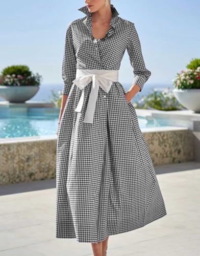 chouyatou Women's Retro Plaid Button Up Maxi Shirt Dress 3/4 Sleeve Gingham Pocketed Long Dress with Belt3