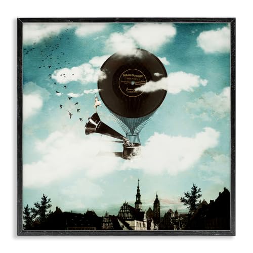 'Serene Gramophone Flying Birds Clouds City'| Framed Giclee Art