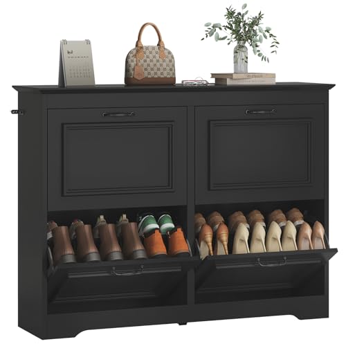 Brinlawb Meuble à Chaussures Entree, Armoire à Chaussures avec 4 Portes abattantes, Séparateur Réglable, Peut contenir 18 à 24 Paires de Chaussures pour entrée, Couloir, séjour, Chambre, Noir