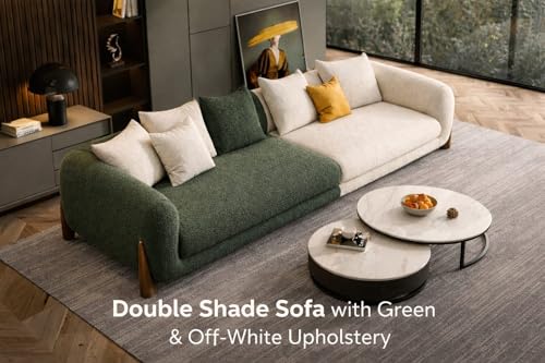 Image of Modern Sofa, Teddy Fabric, Chesterfield Style, Wooden Legs, for Living Room, Bedroom, Hallways (Green+Off White Combo, 3 Seater)