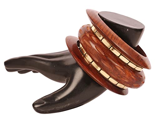 Image of Touchstone wood bracelets for women bangle wooden jewelry handmade artisan bangles natural handcrafted brown olive stylish chunky boho bohemian bracelet brass metal inlaid woods stackable