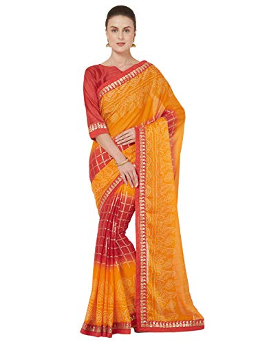 MirchiFashion Damen Faux Georgette Bandhani Foliendruck Saree, Rot / Orange, One size Cover