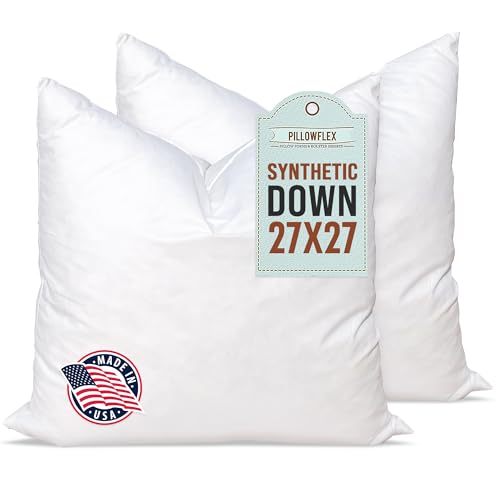 Image of Pillowflex Synthetic Down Pillow Insert 27x27 in - Karate Chop Pillow | Set of 2 - Large Euro Square Sham Form, Plush Polyester Cotton Blend, Cloud-Like Comfort, Clump-Resistant Fill, Smooth Finish