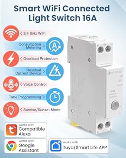 Disjoncteur Connecté WIFI 16A Interrupteur-D' Éclairage-Connecté-Intelligent, Compatible Alexa Google Assistant, Tuya/Smart Life,Rail DIN,Commande Vocale,Mesure Énergie,Minuterie,Protection Surcharge
