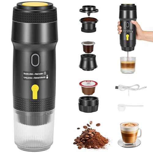 Yigowyigo Mini Kaffeemaschine für unterwegs, 3 in 1 Akku Kaffeemaschine mit USB, Tragbare Espressomaschine für Auto Reise Camping Wohnmobil, Kompatibel mit Kapseln & gemahlenem Kaffee