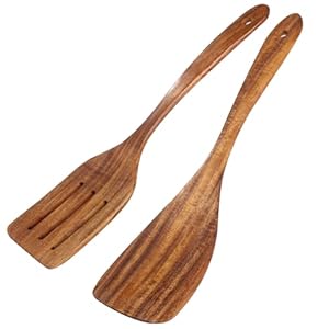 2 Pack Wooden Spatula, Acacia Wood Long Handle Flat Frying Turner, Handmade wooden spoons for cooking, Kitchen Utensil set, Non-Stick Cooking Spurtle Utensils for kitchen use