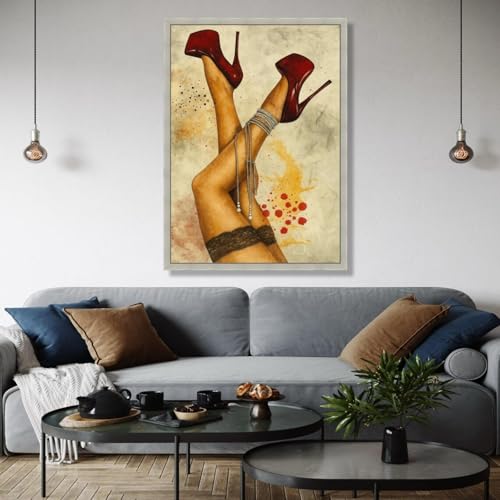 Toile talons aiguilles rouges décoration murale jambes sexy bas dentelle - 4