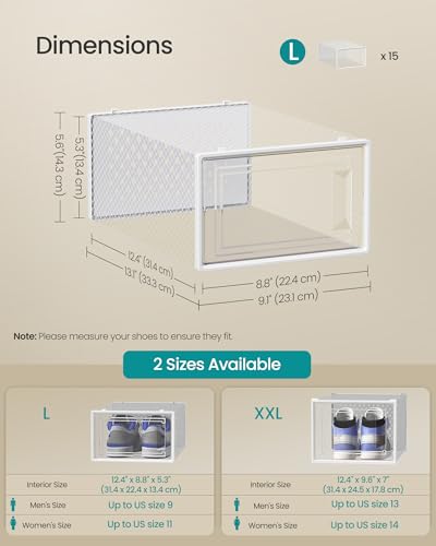 Image of SONGMICS Shoe Boxes, Pack of 15 Shoe Storage Organizers, Stackable Clear Plastic Boxes for Closet, Sneakers, 13.1 x 9.1 x 5.6 Inches, Transparent and White ULSP015W02