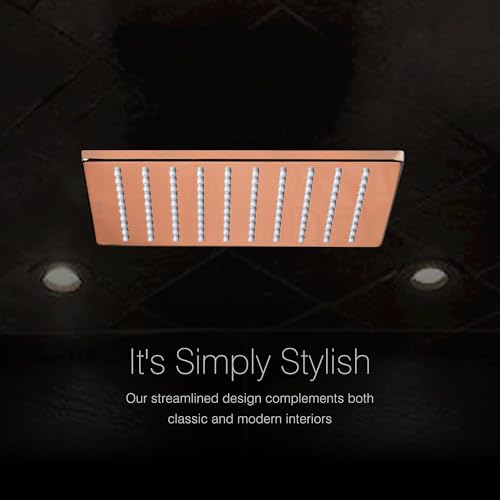 Image of Hindware Italian Collection F160149RGD Overhead Shower for Bathroom | Made of Brass | Wide Head - 200mm | Square Shape | Rain Shower | Color - Rose Gold | Luxury Bathroom Upgrade | High Pressure Rainfall | Home Spa Experience | Anti-Clog Nozzles | Wall & Ceiling Mount Compatible