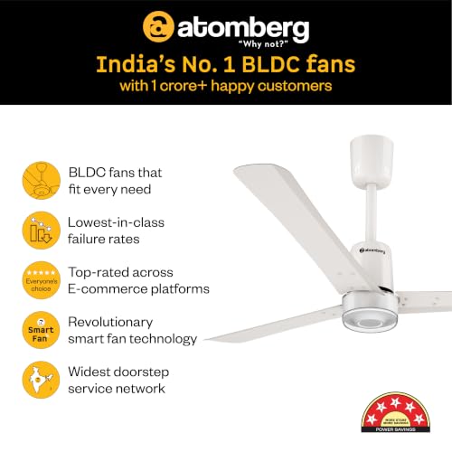 Image of atomberg Renesa Elite Smart 1200mm BLDC Ceiling Fan with Remote & Alexa Support | BEE 5 Star Energy Saving Fan | High Air Delivery | Moonbeam LED Light | Smart Fan | 5 Year Warranty | White