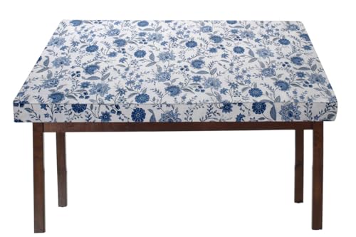 Image of The Furnishing Tree Elastic Cotton Square Dining Table Cover 48x48 in Inches Floral Blue on White Base