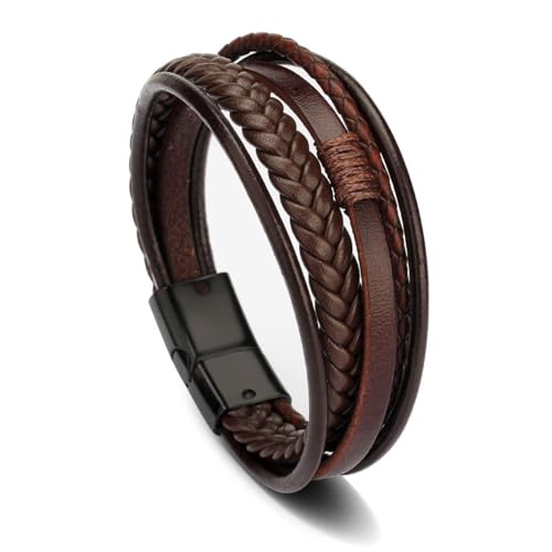 Ticome Men's Premium Leather Bracelet - Brown with Stainless Steel Clasp, Casual Multi-Layer Creative Braided Bracelets, Vintage Personalized Handmade Wristband Punk Rock Jewelry for Mens