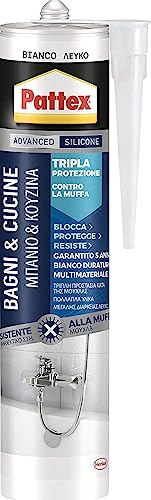 Pattex Bagni&Cucine 3x Protection, Sigillante bianco Tripla Protezione per prevenire la muffa, Silicone resistente all'acqua, Silicone antimuffa in cartuccia, 1x300ml