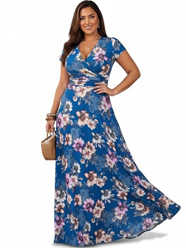 Image of KOH KOH Womens Long Cap Sleeve Floral Print V-Neck Summer Flowy Maxi Dress