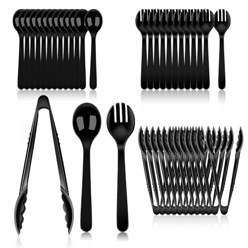 36 PCS Black Plastic Serving Utensils Includ Black Plastic Serving Spoons, Black Plastic Tongs and Black Plastic Forks,Disposable Serving Utensils for Partyï¼ˆ12 Serving Utensil Set)