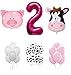 SECOND BIRTHDAY cow and pig baby girl party decoration with 12 ct pink balloons and 12 ct cow balloons and 12 ct white balloons and number "2" foil pink balloon . total 39 count