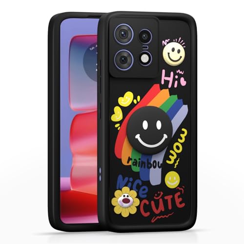 Image of Pikkme Back Cover for Motorola Moto Edge 50 Pro 5G | Soft Silicone| Cute Rainbow Smile & 3D Cartoon Flower Design | Shockproof Raised Camera Protection Bumper Case (Black)