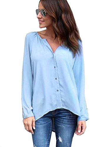 Yidarton Women's Cuffed Long Sleeve Casual V Neck Chiffon Blouses Tops with Tie (Sky Blue1, X-Large)