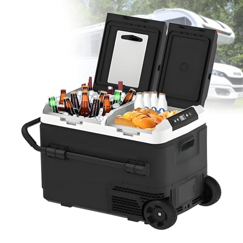 Congelador portátil, nevera de coche de doble zona de --15.6 °C a 20.0 °C, 12/24 V CC, control Bluetooth, ruedas resistentes para SUV, camping, RV, enfriador eléctrico, 60 L