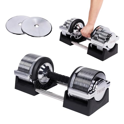 TREXO Mancuerna Ajustable Cromada 32 kg para Entrenamiento de Fuerza con 30 Niveles de Ajuste Mancurenas Ajustables Para Principiantes y Profesionales Para Fitness con Mango Ergonómico Antideslizante