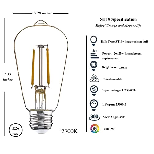 Winsaled 12 Pack 2W Led Edison Bulbs, Equiv. 25 Watt 250Lm, 2700K Soft White With E26 Standard Base, Low Watt Led St19 Bulb For Light Fixtures, Non-Dimmable #TOP2