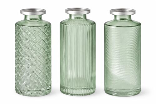 Image of Set of 3 Flower Vases Glass Boho Ornament Round Sage Green & Silver Wedding Decoration Table Decoration Vintage / Boho Wedding Birthday Party Home Decoration Flower Decoration