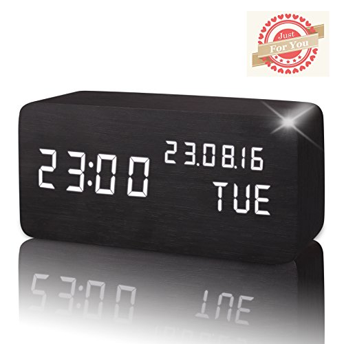 Leeron Réveil LED en Bois, Horloge Digital en Bois avec Température/Calendrier Luminosité Mode Vocal Trois Alarmes (Noir)