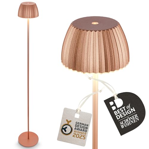 Briloner - Riffle lampada da terra LED senza fili IP44 con touch, 19 x 124 cm, dimmerabile, funzione memoria, lampada da terra a batteria, vincitore del German Design Award 2025, colore rame