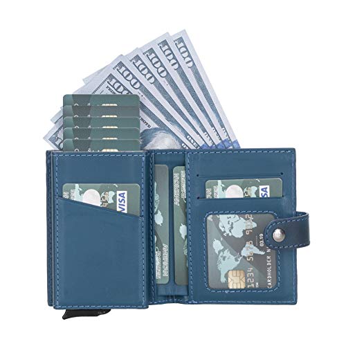 Bayelon Premium Genuine Leather Men's Minimalist Pop Up Wallet RFID Blocking Slim Credit Card Holder Automatic Smart Wallets for Men Leather Case (Burnished Blue)