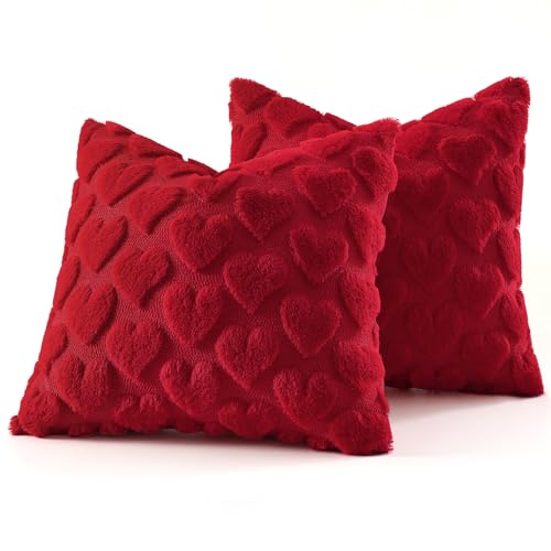 Image of decorUhome Valentine's Day Soft Plush Throw Pillow Covers 18x18 Inch Set of 2, Faux Fur Red Heart Decoration Neutral Square Pillow Covers for Couch Sofa Bed Cozy Farmhouse Holiday Decor