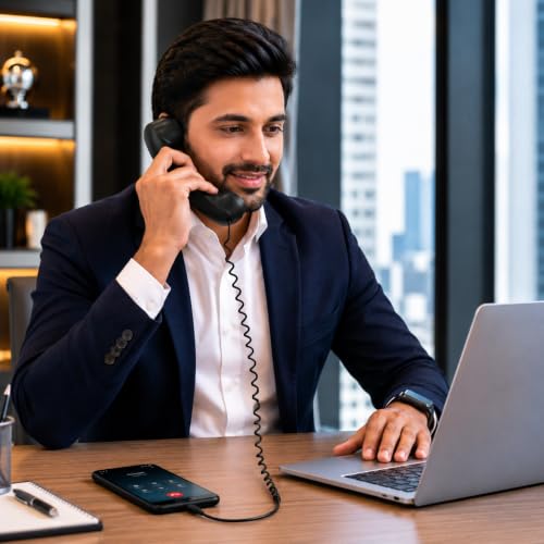 Image of Street27 Retro Phone Handset Compatible with Type-C Smartphones, Tablets & Computers, Corded Telephone Receiver with Noise Reduction, Volume Control & Answer Button for Calls and Meetings (Black)