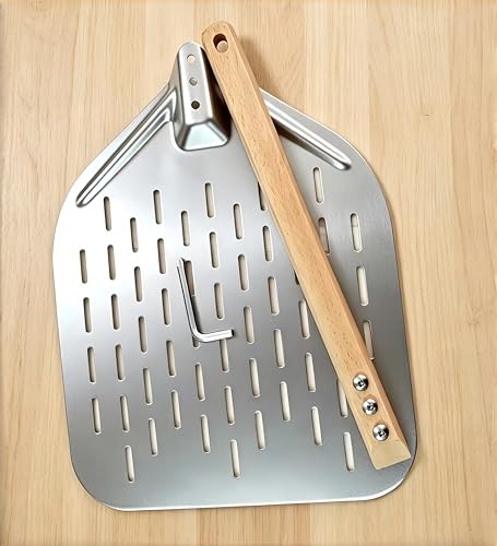 NSXVIA Łopatka do pizzy perforowana 39,5 x 30 x 2 cm – aluminiowa łopatka do pizzy ze zdejmowanym drewnianym uchwytem, lekka obieraczka do pizzy, łopatka do pizzy i łopatka do pizzy, do pieca