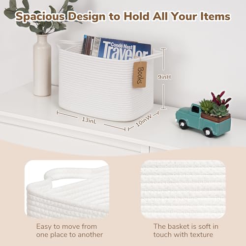 Image of Goodpick Woven Rope Storage Basket for Shelves, Rectangle, White