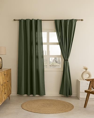 Image of THE LINEN COMPANY Cotton Curtains 7 Feet Long for Door, Solid Duck Canvas Curtains for Living Room, 7ft Set of 2, Olive Green