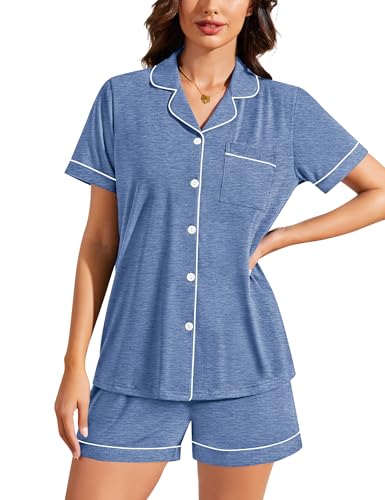 Image of SWOMOG Womens Button Down Pajamas Set Short Sleeve Sleepwear Bride Soft Pj Lounge Sets XS-3XL