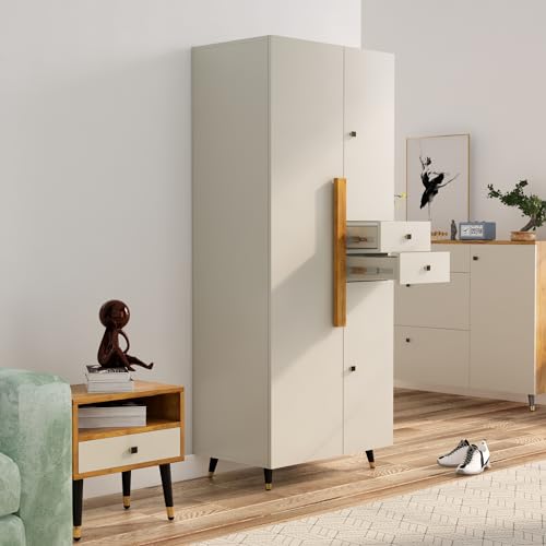 Image of Bniture 3 Door Wooden Wardrobe for Bedroom | Almirah for Clothes with 3 Shelves & 2 Hanging Sections | Full Height Storage Cupboard for Bedroom | Storage Cupboard with Long Bar Handle | Frosty White
