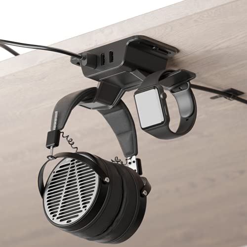 HumanCentric Hook and Charge Headphone Hanger with USB Charger, Under Desk Headphone Mount + Headphone Stand, Charge Accessories with 3 USB A Ports, Hook Headphones on Headset Holder Desk Hook, Black - Thumbnail 5