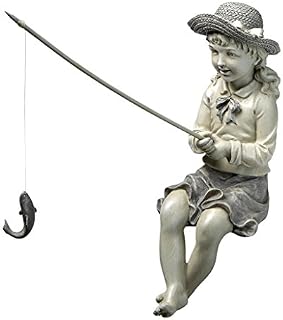 Design Toscano EU9305 Big Catch Fisherwoman Girl Fishing Garden Statue, 28 cm, Polyresin, Two Tone Stone