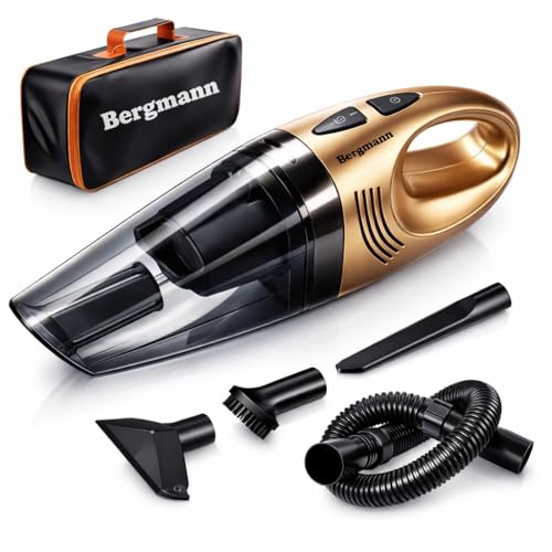 Image of Bergmann Hurricane Gold Car Vacuum Cleaner 12V DC | with BLDC Motor | 150W 100% Copper Motor | Crazy Suction Power Upto 14 kpa ! | Dual Filter | 4 Attachments + Storage Bag | Luxury Gold