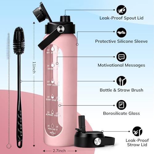 Image of Aqulea 32 oz Glass Water Bottle with 2 Lids - Spout & Straw Lids, 1L Motivational Borosilicate Glass Water Bottle with Time Marker & Silicone Sleeve, Leakproof (Pink)