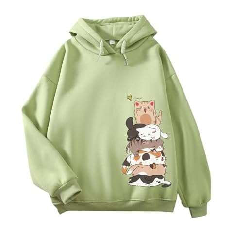 Tuislay Cute Cat Graphic Hoodies for Teen Girls Kawaii Cartoon Printed Hoodie Women Anime Print Hooded Sweatshirt Pullover(Green,S) Cover