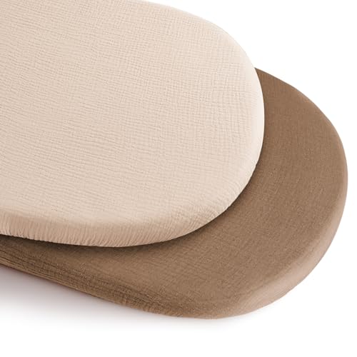 Image of Konssy 2 Pack Muslin Bassinet Sheets for Boys, Girls, 100% Cotton Soft Breathable Fitted Bassinet Mattress Sheet, 32 x 16 inches (Brown,Summer Wheat)