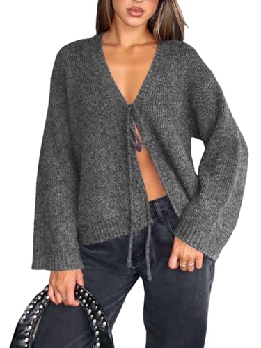 utcoco Womens Y2k Tie Front Cropped Cardigans Soft Lightweight Knit Cardigan Outerwear Open Front Sweater Coat